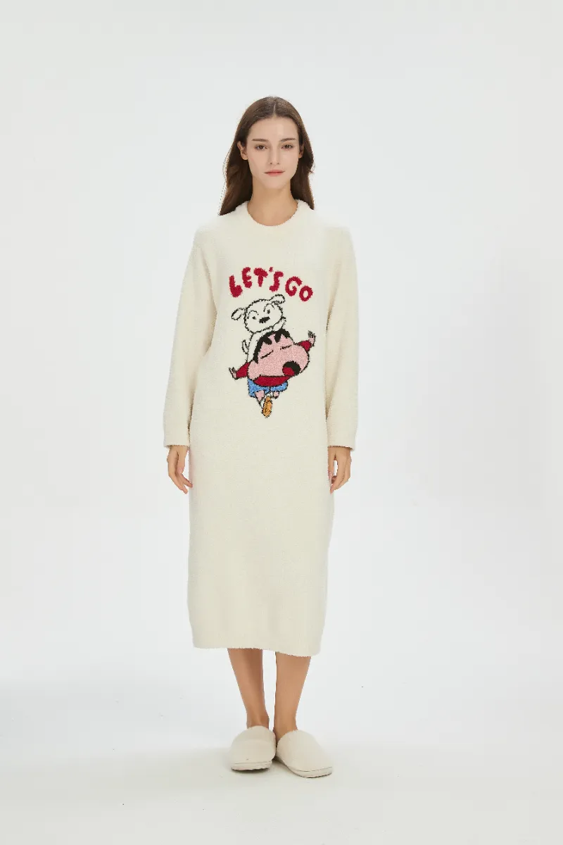 Beige-Colored Flannel Nightdress for Women