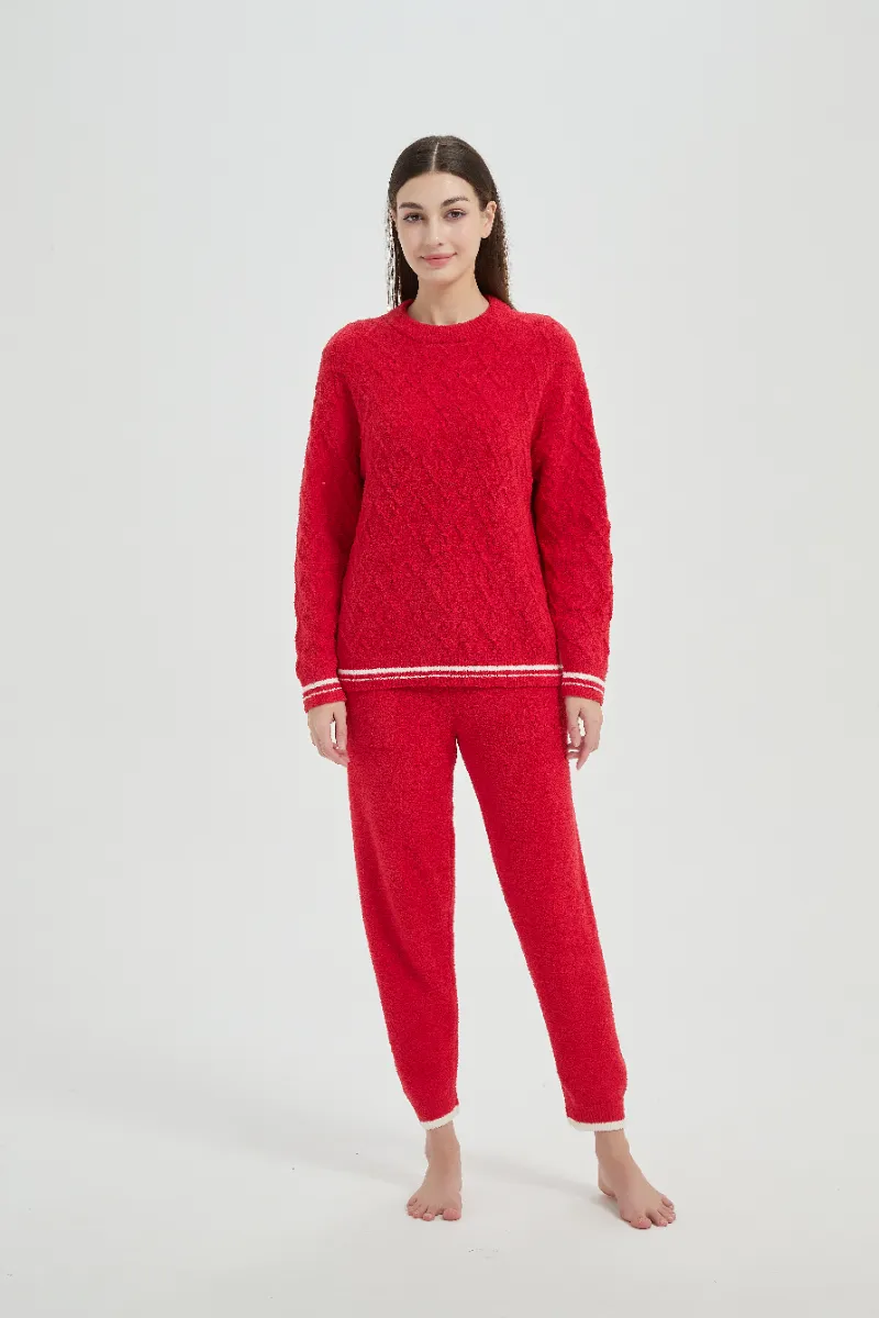 Loose Fit Plush အနီရောင် အမျိုးသမီးများ Fleece Pajamas အစုံ Loose Fit Plush အနီရောင် အမျိုးသမီးများ Fleece Pajamas အစုံ